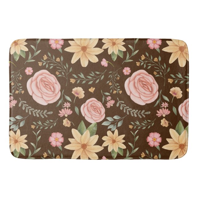 Brown Elegant Vintage Wildflower Rose Pattern  Bath Mat (Front)