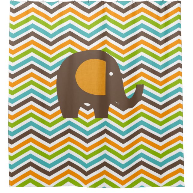 Brown Elephant on Colourful Chevron Stripes Shower Curtain (Front)