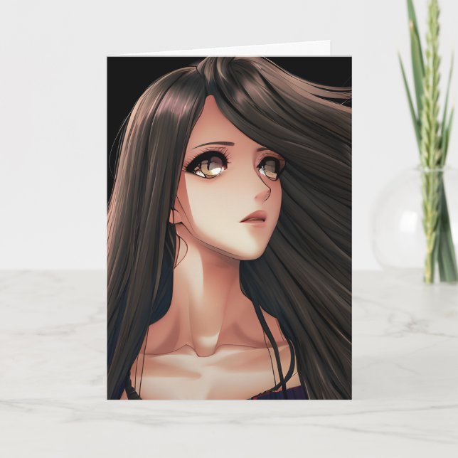 Brown Eyed Brunette Anime Girl | I Miss You Card (Front)