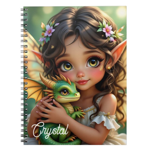 Brown Eyed Elven Fairy and Dragon Personalized Notebook (Front)