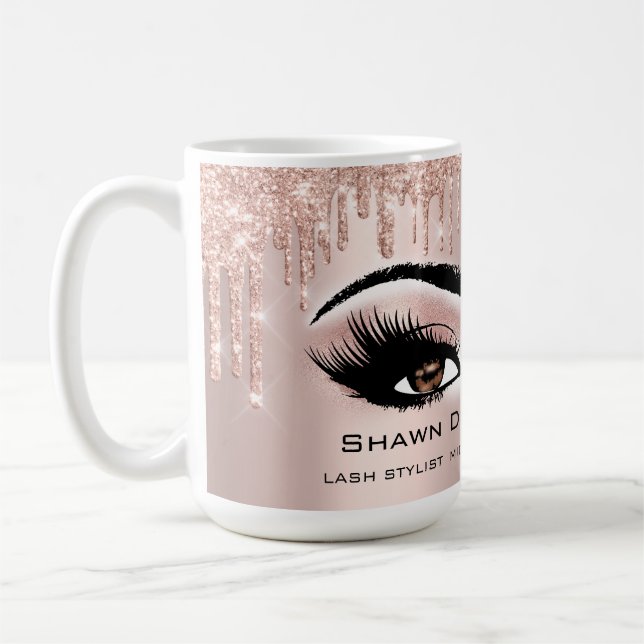 Brown Eyes Lashes Rose Glitter Drips Makeup Bride Coffee Mug (Left)