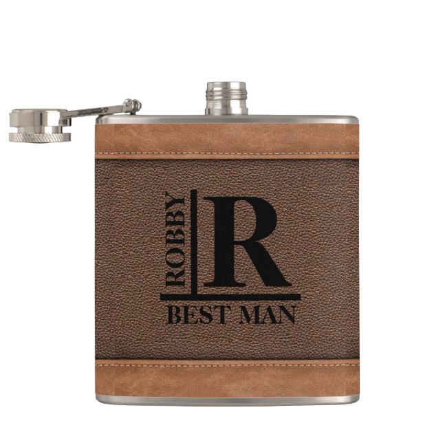 Brown Fake Leather Stiches Monogram Custom Name Hip Flask (Opened)