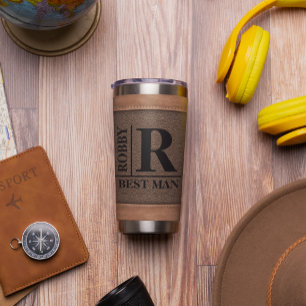 Brown Fake Leather Stiches Monogram Custom Name Insulated Tumbler