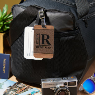 Brown Fake Leather Stiches Monogram Custom Name Luggage Tag
