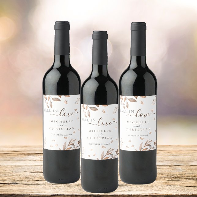 Brown Fall In Love Autumn Foliage Wedding  Wine Label (Creator Uploaded)