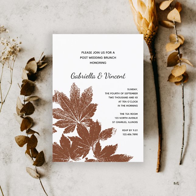 Brown Fall Leaf Stamp Post Wedding Brunch Invitation (Fall in Love with this natural woodsy wedding brunch invitation.)