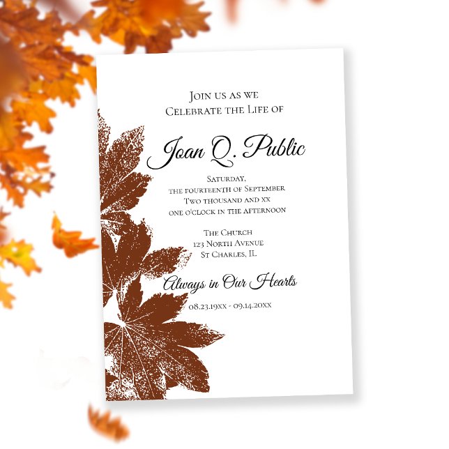 Brown Fall Leaves Celebration of Life Memorial Invitation (Creator Uploaded)