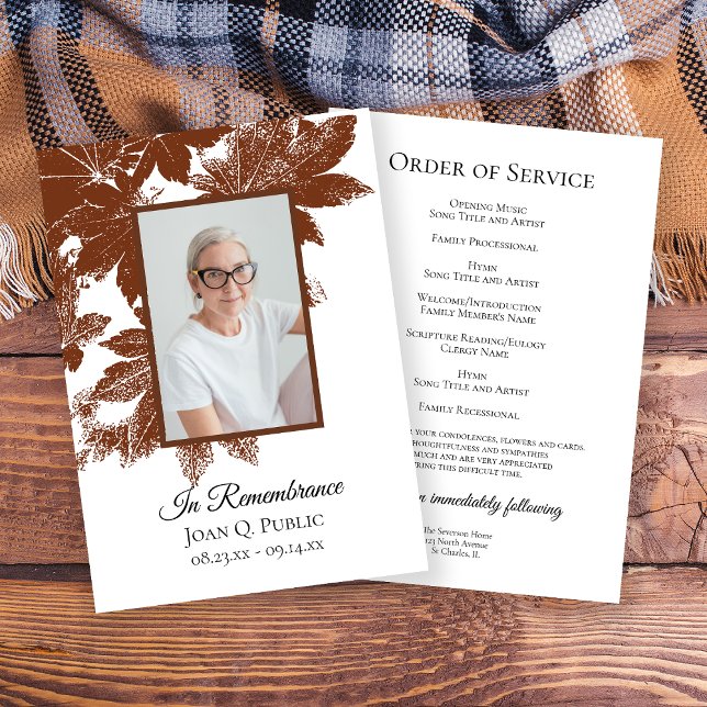 Brown Fall Leaves Funeral Memorial Service Programme (Creator Uploaded)