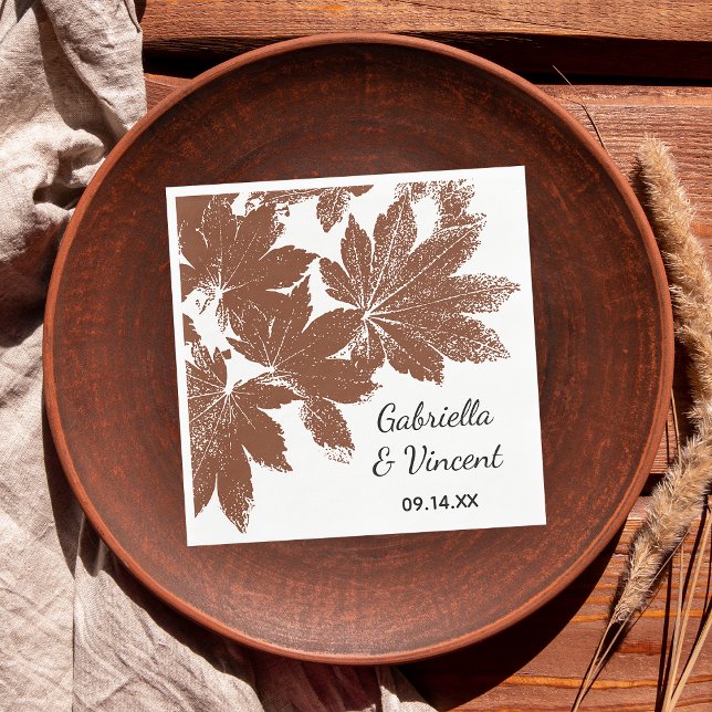 Brown Fall Maple Leaf Stamp Wedding Napkin (Fall In Love with this natural woodland Autumn leaves disposable paper napkin.)
