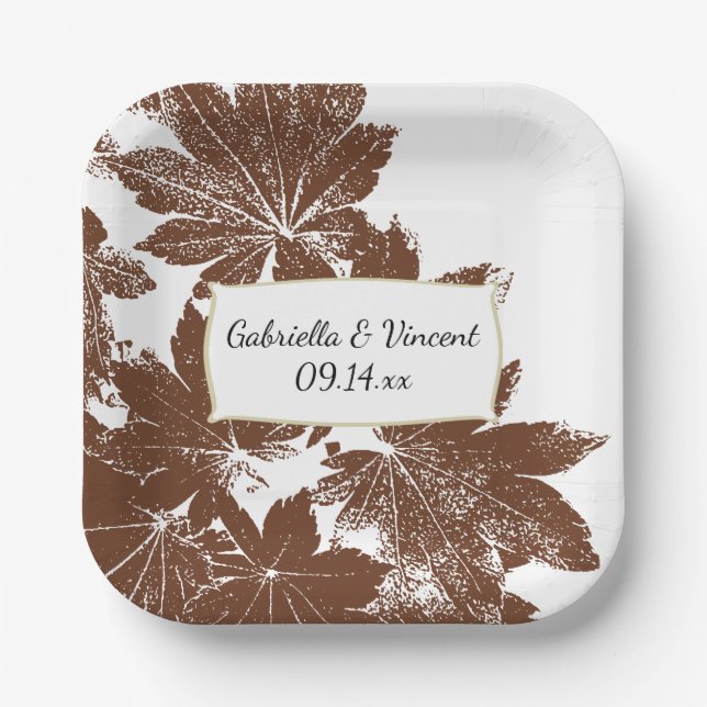 Brown Fall Maple Leaf Stamp Wedding Paper Plate (Front)
