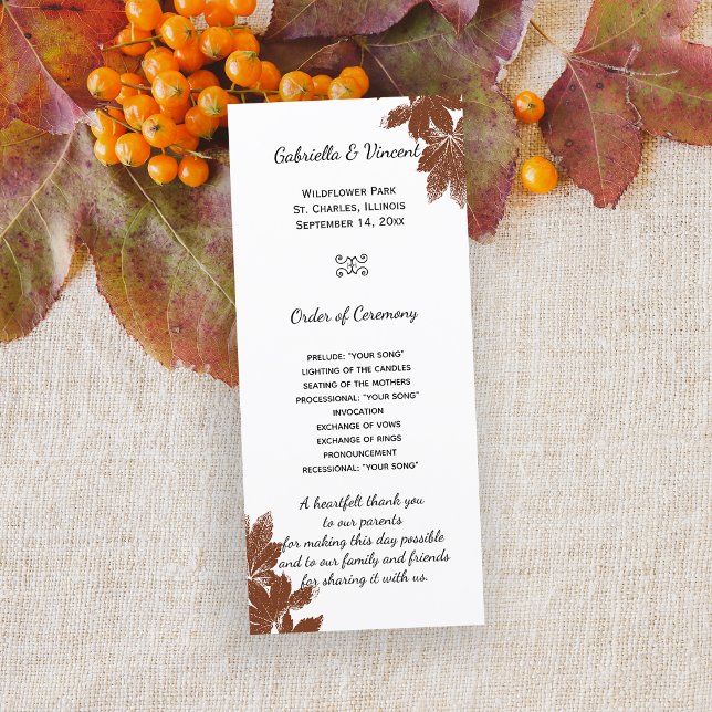 Brown Fall Maple Leaf Stamp Wedding Program Programme (Fall in Love with this natural woodsy Autumn leaves marriage ceremony program.)