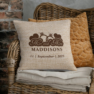 Brown Faux Burlap Mr. and Mrs. Wedding Keepsake Cushion