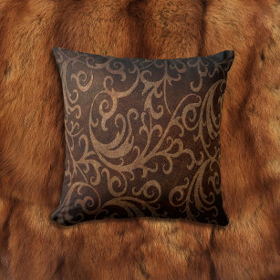 Brown Faux Embossed Swirl Leather Cushion