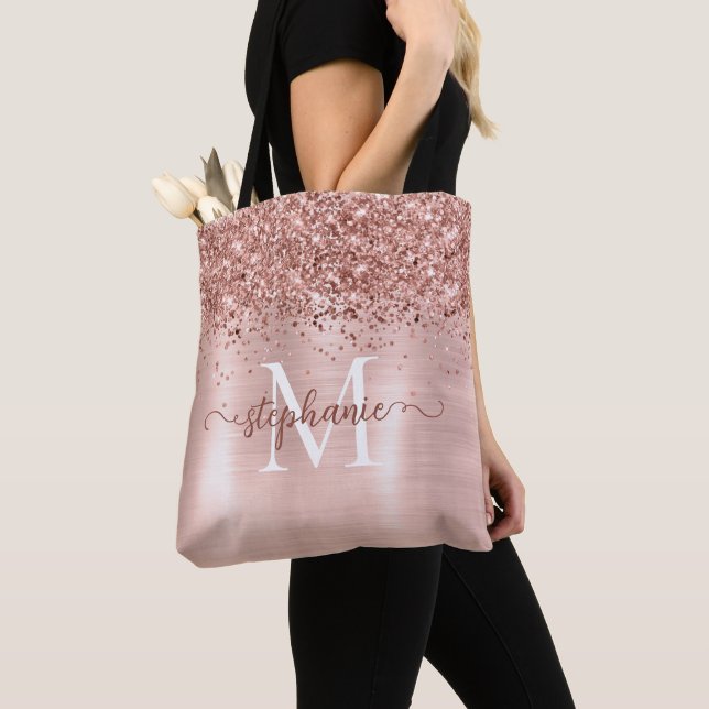 Brown Faux-Glitter Girly Blush Pink Personalised Tote Bag (Close Up)