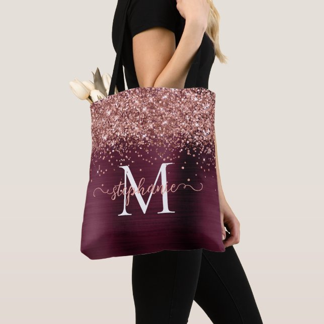 Brown Faux-Glitter Girly Glam Burgundy Personalise Tote Bag (Close Up)