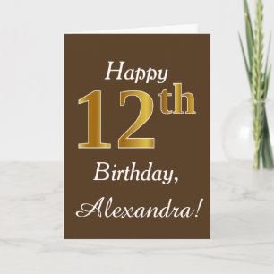 Brown, Faux Gold 12th Birthday + Custom Name Card