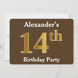 Brown, Faux Gold 14th Birthday Party; Custom Name Invitation