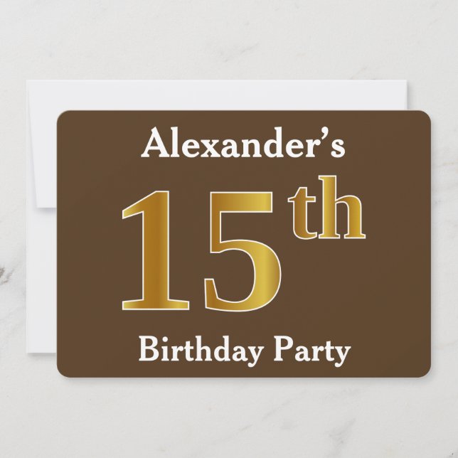 Brown, Faux Gold 15th Birthday Party; Custom Name Invitation (Front)
