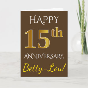 Brown, Faux Gold 15th Wedding Anniversary + Name Card
