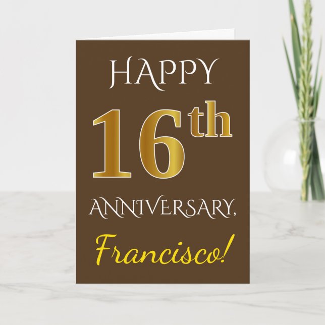 Brown, Faux Gold 16th Wedding Anniversary + Name Card (Front)