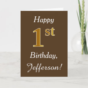 Brown, Faux Gold 1st Birthday + Custom Name Card