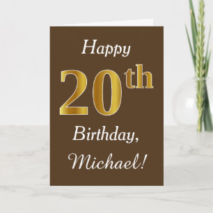 Brown, Faux Gold 20th Birthday + Custom Name Card