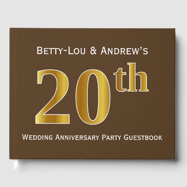 Brown, Faux Gold 20th Wedding Anniversary Party Guest Book (Front)