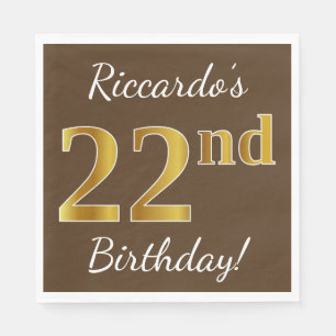 Brown, Faux Gold 22nd Birthday + Custom Name Napkin
