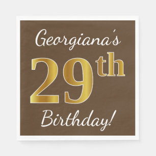 Brown, Faux Gold 29th Birthday + Custom Name Napkin