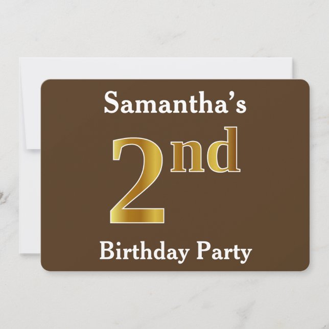 Brown, Faux Gold 2nd Birthday Party; Custom Name Invitation (Front)