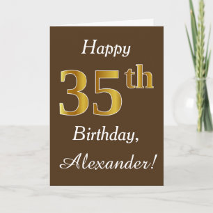 Brown, Faux Gold 35th Birthday + Custom Name Card