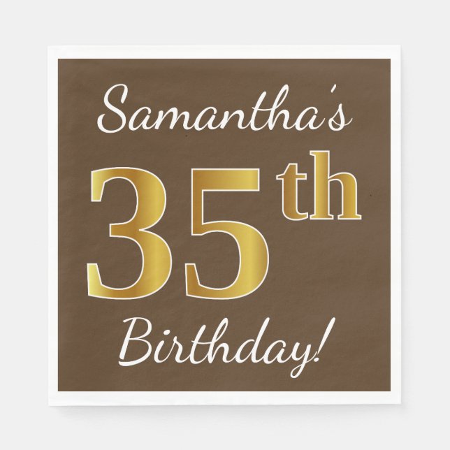 Brown, Faux Gold 35th Birthday + Custom Name Napkin (Front)