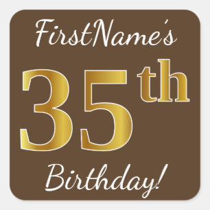 Brown, Faux Gold 35th Birthday + Custom Name Square Sticker
