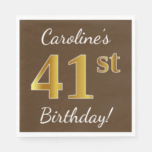 Brown, Faux Gold 41st Birthday + Custom Name Napkin