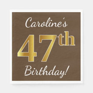 Brown, Faux Gold 47th Birthday + Custom Name Napkin