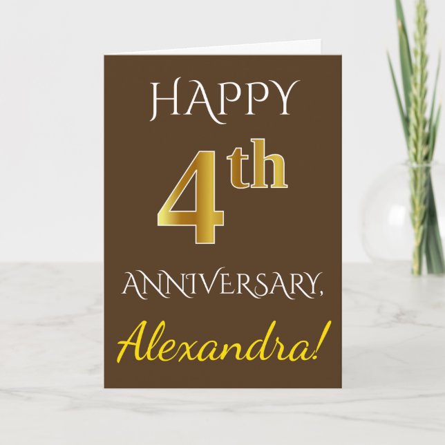 Brown, Faux Gold 4th Wedding Anniversary + Name Card (Front)