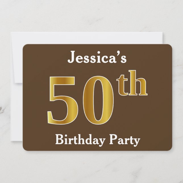 Brown, Faux Gold 50th Birthday Party; Custom Name Invitation (Front)