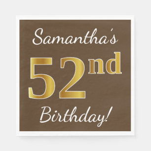 Brown, Faux Gold 52nd Birthday + Custom Name Napkin