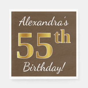 Brown, Faux Gold 55th Birthday + Custom Name Napkin