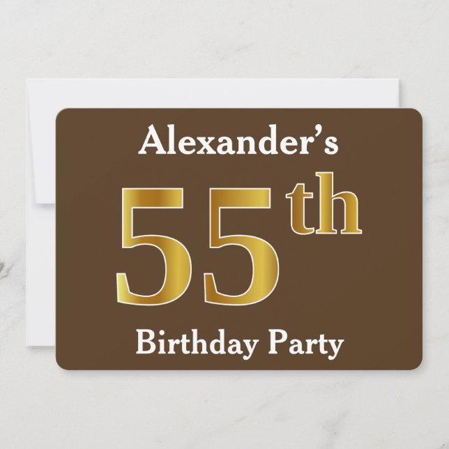 Brown, Faux Gold 55th Birthday Party; Custom Name Invitation (Front)