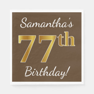 Brown, Faux Gold 77th Birthday + Custom Name Napkin