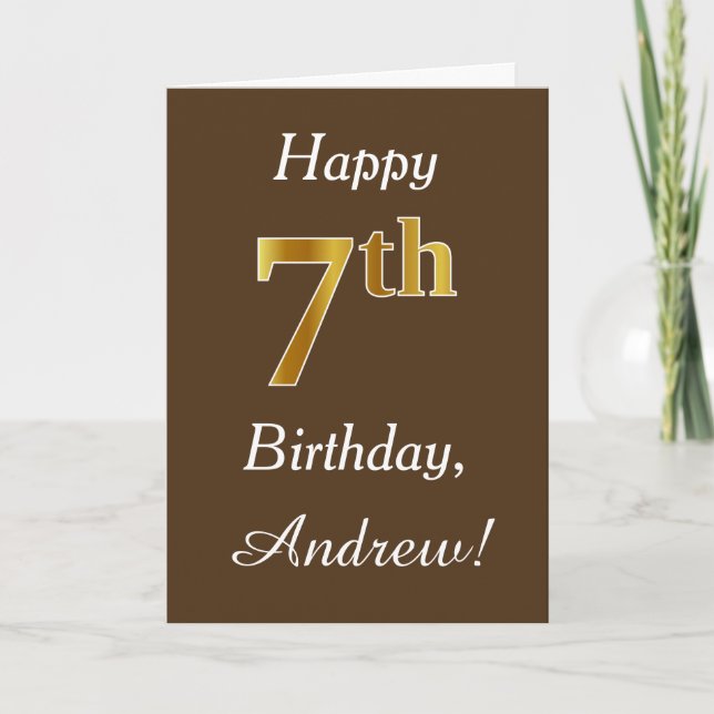 Brown, Faux Gold 7th Birthday + Custom Name Card (Front)