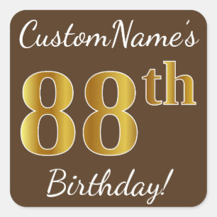 Brown, Faux Gold 88th Birthday + Custom Name Square Sticker