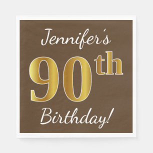 Brown, Faux Gold 90th Birthday + Custom Name Napkin