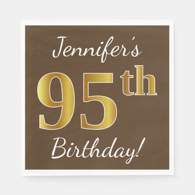 Brown, Faux Gold 95th Birthday + Custom Name Napkin (Front)