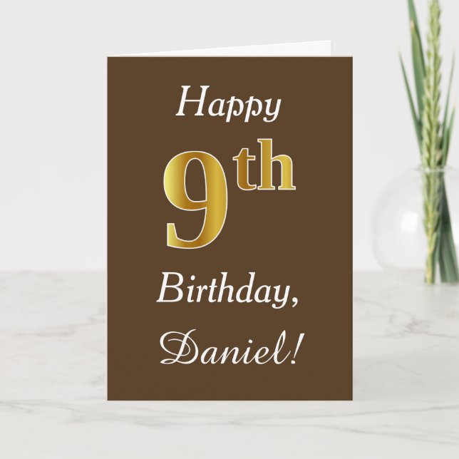 Brown, Faux Gold 9th Birthday + Custom Name Card (Front)