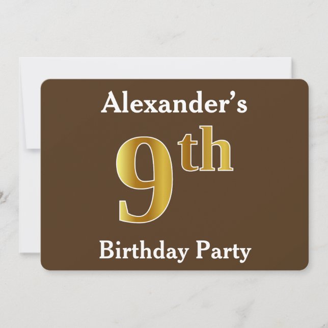 Brown, Faux Gold 9th Birthday Party; Custom Name Invitation (Front)