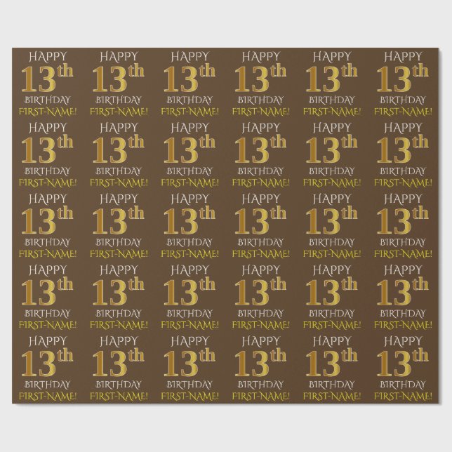 Brown, Faux Gold "HAPPY 13th BIRTHDAY" Wrapping Paper (Flat)