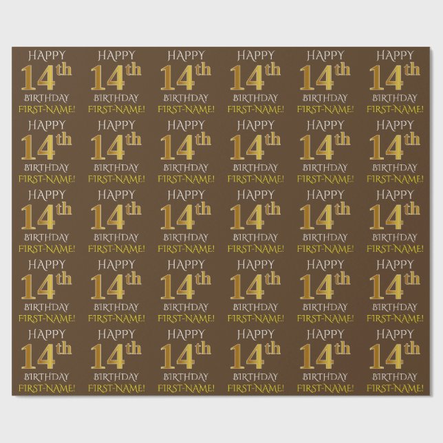 Brown, Faux Gold "HAPPY 14th BIRTHDAY" Wrapping Paper (Flat)