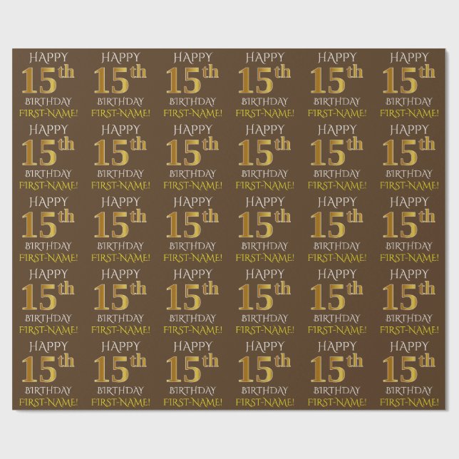 Brown, Faux Gold "HAPPY 15th BIRTHDAY" Wrapping Paper (Flat)